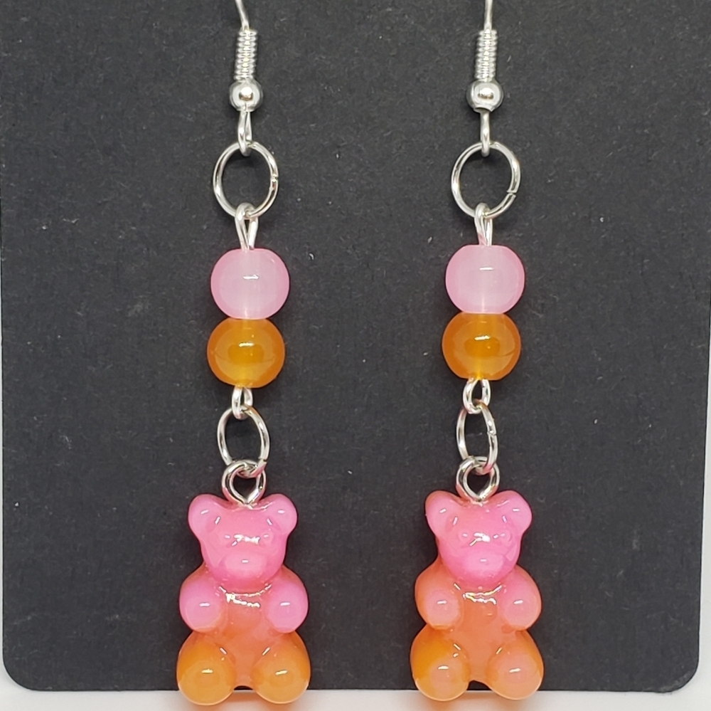 Handmade Gradient Beaded Pink Orange Kawaii Gummy Bear Dangle Earrings